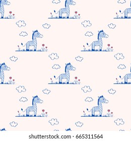 Cute cartoon cheerful zebra on grass along tulip flower on light backdrop, Seamless pattern, Vector illustration, Character design for greeting card, children invite, baby shower, creation of alphabet