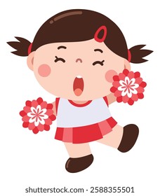 A cute cartoon cheerleader girl in a red and white outfit, holding pom-poms and cheering with enthusiasm