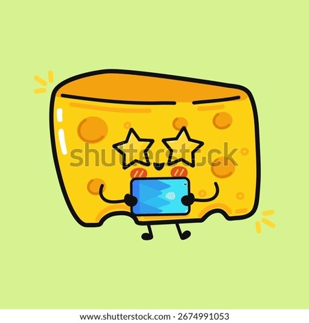 A cute cartoon cheese block with star eyes is holding a tablet on a light green background, smiling with joy.