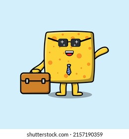 Cute cartoon cheese businessman character holding suitcase illustration