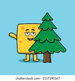 Cute cartoon Cheese character hiding tree in 3d modern design