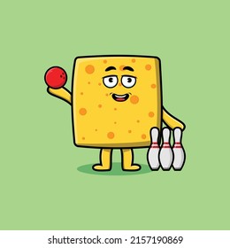 Cute cartoon cheese character playing bowling in 3d modern style design