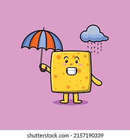 Cute cartoon cheese character in the rain and using an umbrella in 3d modern style design