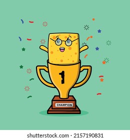 Cute cartoon cheese character in trophy in concept 3d cartoon style