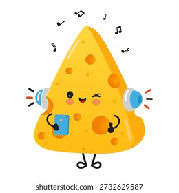 Cute cartoon cheese character winking and smiling while wearing headphones and holding a smartphone, enjoying music with musical notes floating around, symbolizing happiness and leisure