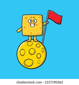 Cute cartoon Cheese chef character standing on the moon with flag in 3d modern design