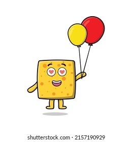 Cute cartoon cheese floating with balloon cartoon vector illustration in concept 3d cartoon style