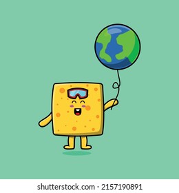 Cute cartoon cheese floating with world balloon cartoon vector illustration