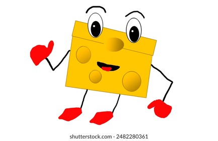 A cute cartoon cheese with red gloves and shoes. The mouth is open, tongue is seen.