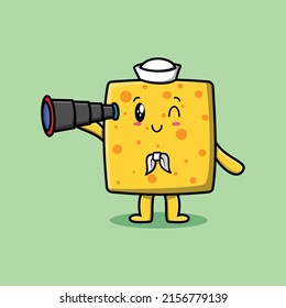 Cute cartoon cheese sailor with hat and using binocular cute modern style design