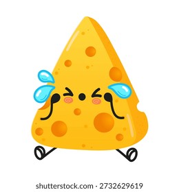Personaje lindo de la rebanada del queso de la historieta con las lágrimas grandes que corren por su cara, sintiéndose triste y angustiado, diseñado en un estilo kawaii para los proyectos relacionados con la comida o los conceptos emocionales