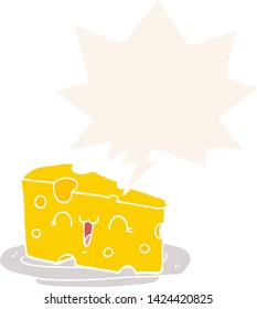 cute cartoon cheese with speech bubble in retro style