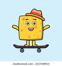 cute cartoon cheese standing on skateboard with cartoon vector illustration style