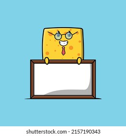 Cute cartoon cheese teacher character with big whiteboard in 3d cartoon style concept