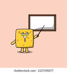 Cute cartoon cheese teacher character teaching with whiteboard in 3d cartoon style concept