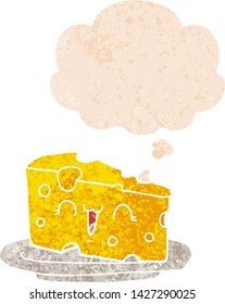 lindo queso de dibujos animados con burbuja de pensamiento en un estilo retro angustiado estilo texturizado