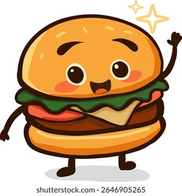 A cute cartoon cheeseburger character with smiling face and hands.