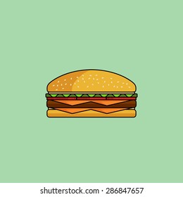 Cute cartoon cheeseburger with double cheese. Burger with salad, tomatoes, cutlet. Minimal line style, modern color. Hamburger web icon. Design element for your project. Vector illustration, eps 10 