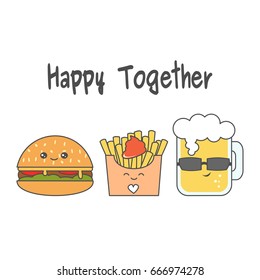 cute cartoon cheeseburger, french fries and glass of beer vector illustration