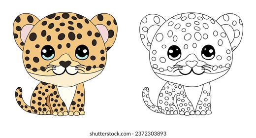 Cute cartoon cheetah. Coloring book. Linear and flat vector animal illustration