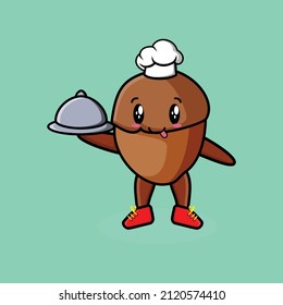 Cute Cartoon chef acorn mascot character serving food on tray cute style design for t-shirt, etc