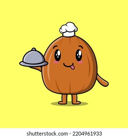 Cute Cartoon chef almond nut mascot character serving food on tray cute style design