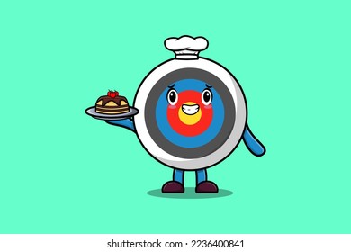 Cute Cartoon chef Archery target character serving cake on tray cute style design in flat cartoon