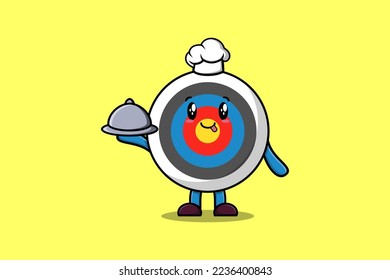 Cute Cartoon chef Archery target mascot character serving food on tray cute design illustration