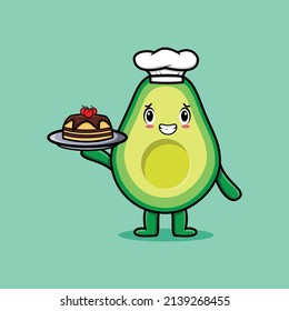 Cute Cartoon chef avocado character serving cake on tray cute style design in 3d cartoon style