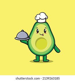 Chef de dibujos animados personaje de mascota aguacate que sirve comida en la bandeja diseño de estilo lindo