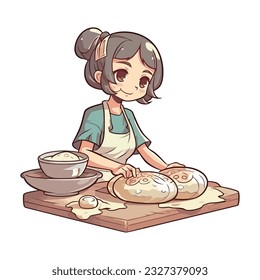 Cute cartoon chef baking bread icon isolated