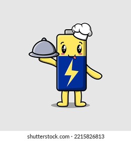 Cute Cartoon chef Battery mascot character serving food on tray cute style design illustration