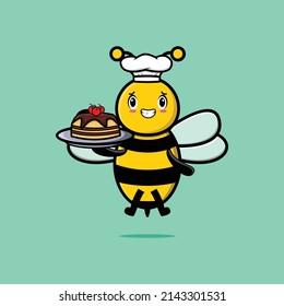 Cute Cartoon chef bee character serving cake on tray cute style design in 3d cartoon style concept
