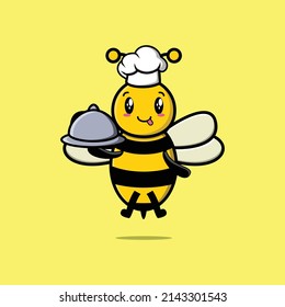 Cute Cartoon chef bee mascot character serving food on tray cute style design