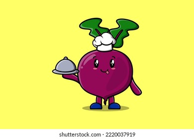 Cute Cartoon chef Beetroot mascot character serving food on tray cute style design illustration