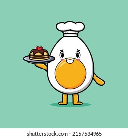 Cute Cartoon chef boiled egg character serving cake on tray cute style design in 3d cartoon style