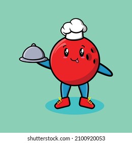 Cute Cartoon chef bowling ball mascot character serving food on tray cute style design for t-shirt, sticker, logo element
