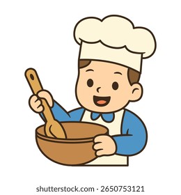 Cute cartoon chef boy stirring a bowl with a spoon, wearing a chef hat and apron. Great for Labor Day designs celebrating culinary workers.