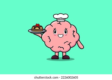 Cute Cartoon chef Brain character serving cake on tray cute style design in flat cartoon style