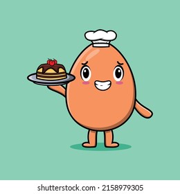 Cute Cartoon chef brown cute egg character serving cake on tray cute style design