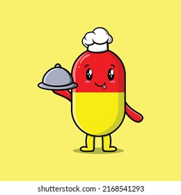 Cute Cartoon chef capsule medicine mascot character serving food on tray cute style design