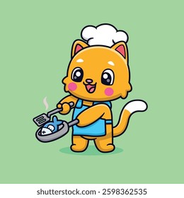 Cute Cartoon Chef Cat Cooking Fish Vector Icon Illustration. Animal Food Icon Concept Isolated Premium Vector. Flat Cartoon Style