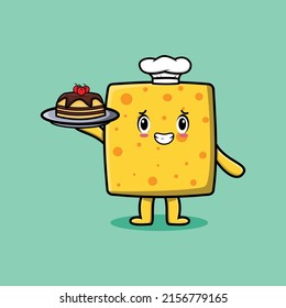 Cute Cartoon chef cheese character serving cake on tray cute style design in 3d cartoon style