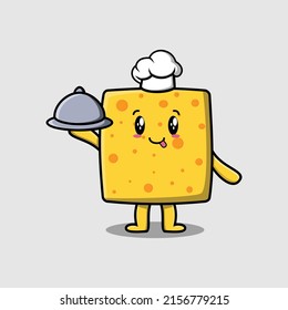 Cute Cartoon chef cheese mascot character serving food on tray cute style design