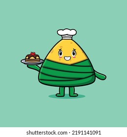 Cute Cartoon chef chinese rice dumpling character serving cake on tray cute style design