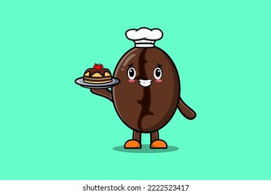 Cute Cartoon chef Coffee beans character serving cake on tray cute style design flat cartoon style