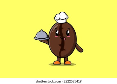 Cute Cartoon chef Coffee beans mascot character serving food on tray cute style design illustration