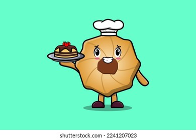 Cute Cartoon chef Cookies character serving cake on tray cute style design in flat cartoon style