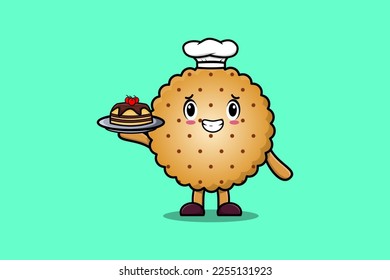 Cute Cartoon chef Cookies character serving cake on tray cute style design in flat cartoon style