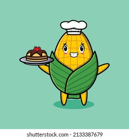 Cute Cartoon chef personaje de maíz sirviendo pastel en la bandeja diseño de estilo lindo en el concepto de dibujos animados 3d